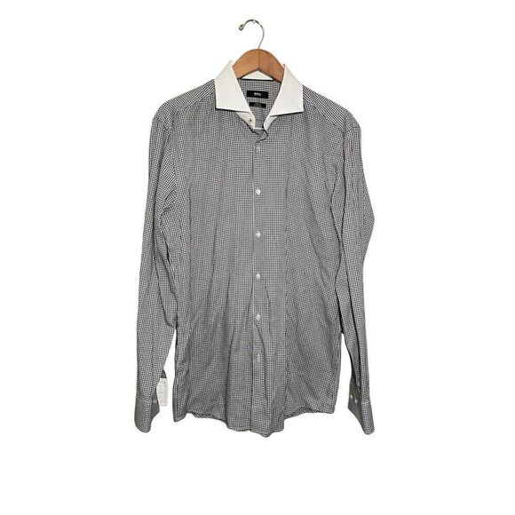 Hugo Boss Slim Fit Button Shirt Houndstooth‎ Plaid Long Sleeve 16.5 42 Easy Iron - Picture 1 of 6